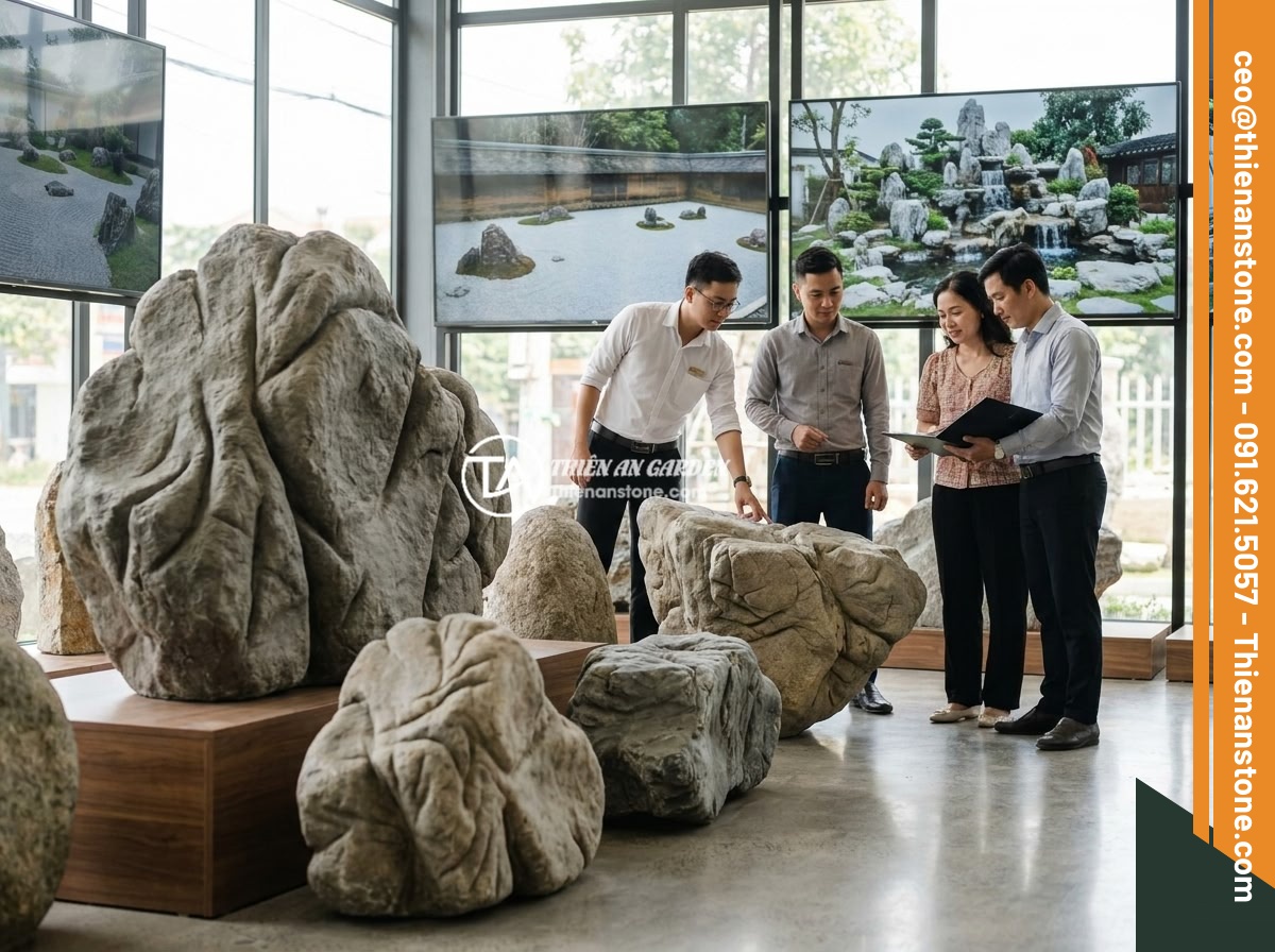 Bán Đá Da Voi Sỉ Lẻ - Dịch Vụ Mua Bán, Vận Chuyển Và Hỗ Trợ Thi Công Layout Chuyên Nghiệp - Thien An Stone company showroom displaying premium elephant skin stones of vario