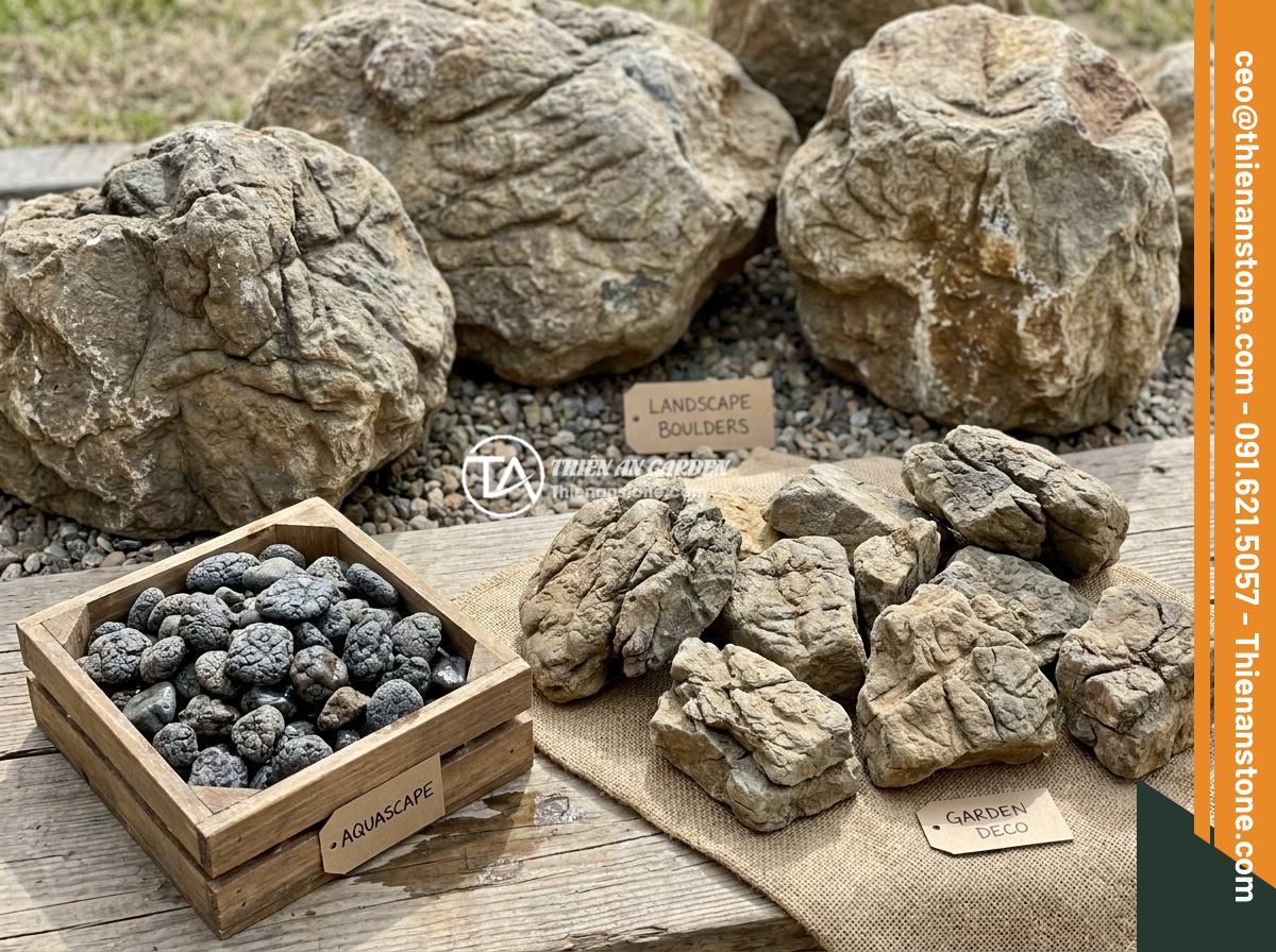 Bán Đá Da Voi Sỉ Lẻ - Dịch Vụ Mua Bán, Vận Chuyển Và Hỗ Trợ Thi Công Layout Chuyên Nghiệp - Various types and sizes of elephant skin stones arranged and categorized, showin
