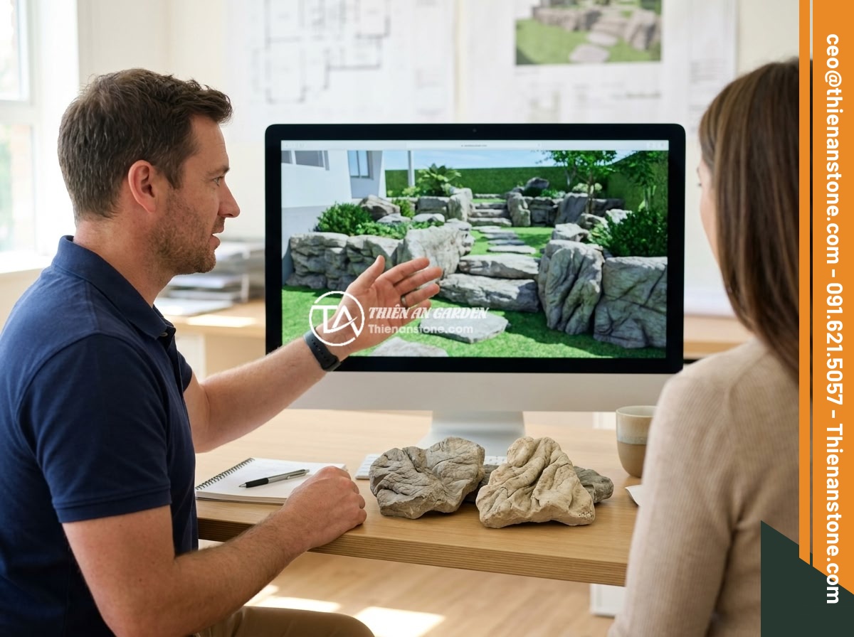 Bán Đá Da Voi Sỉ Lẻ - Dịch Vụ Mua Bán, Vận Chuyển Và Hỗ Trợ Thi Công Layout Chuyên Nghiệp - Professional landscape designer showing 3D rendering of elephant skin stone gard