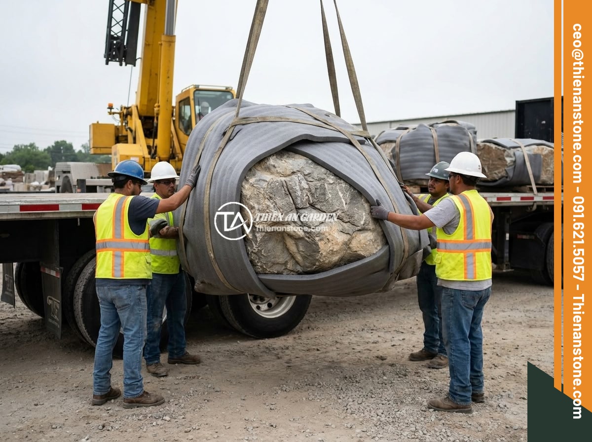 Bán Đá Da Voi Sỉ Lẻ - Dịch Vụ Mua Bán, Vận Chuyển Và Hỗ Trợ Thi Công Layout Chuyên Nghiệp - Professional logistics team carefully loading large elephant skin boulders onto 