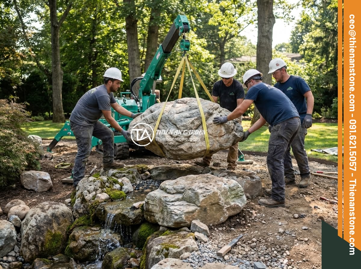 Bán Đá Da Voi Sỉ Lẻ - Dịch Vụ Mua Bán, Vận Chuyển Và Hỗ Trợ Thi Công Layout Chuyên Nghiệp - Professional team installing large elephant skin stones in a luxury garden using