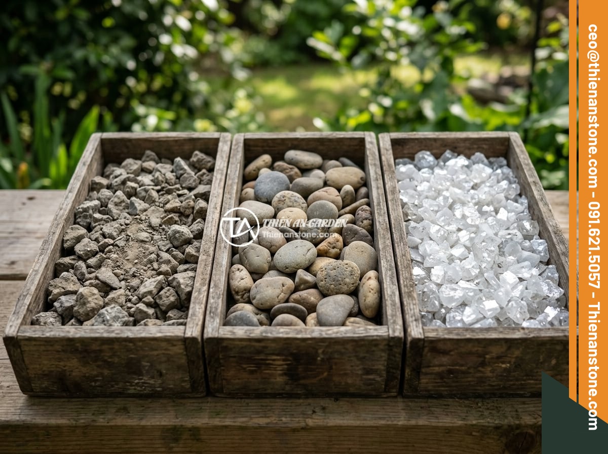 Bán Đá Thạch Anh Vụn TP.HCM - Nguồn Cung Cấp Chất Lượng Cao Giá Cạnh Tranh - Visual comparison of three types of decorative stones side by side: sparkling cr