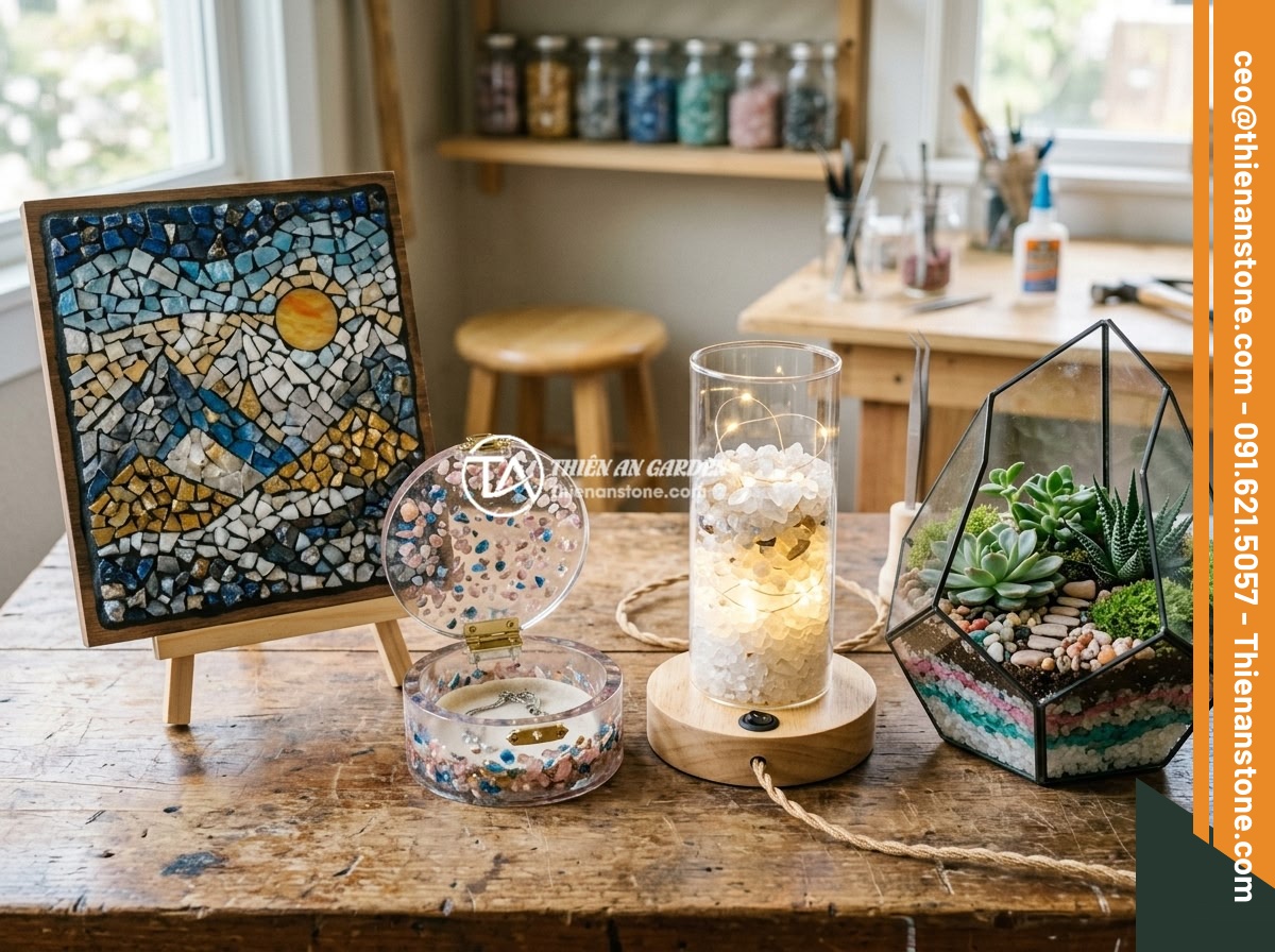 Bán Đá Thạch Anh Vụn TP.HCM - Nguồn Cung Cấp Chất Lượng Cao Giá Cạnh Tranh - Creative DIY projects using crushed quartz stones including a mosaic wall art pi