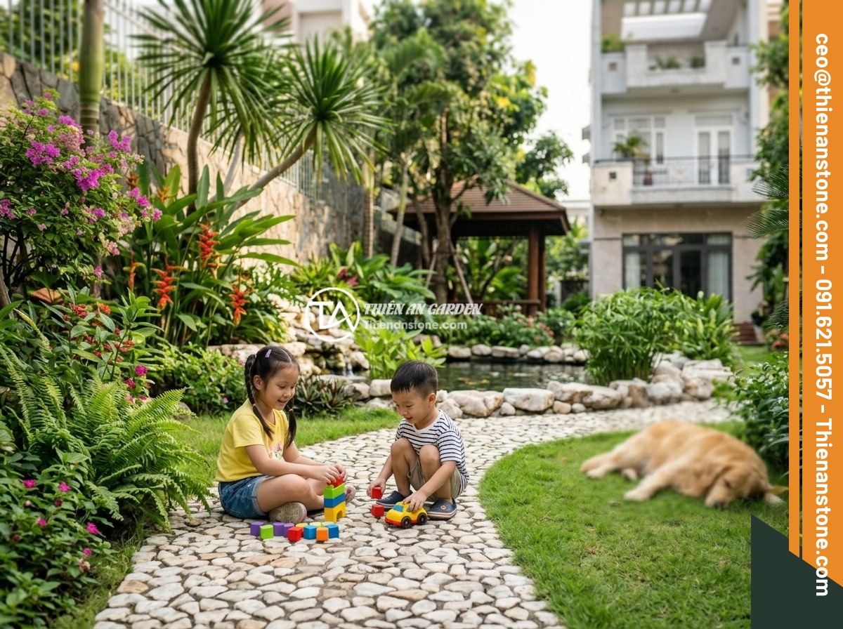 Bán Đá Thạch Anh Vụn TP.HCM - Nguồn Cung Cấp Chất Lượng Cao Giá Cạnh Tranh - A family-friendly garden scene in Ho Chi Minh City with children playing safely 