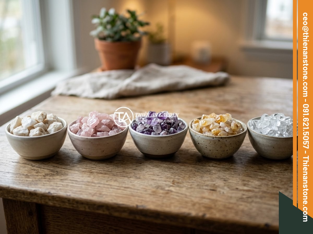 Bán Đá Thạch Anh Vụn TP.HCM - Nguồn Cung Cấp Chất Lượng Cao Giá Cạnh Tranh - A beautiful display of various types of crushed quartz stones arranged in separa