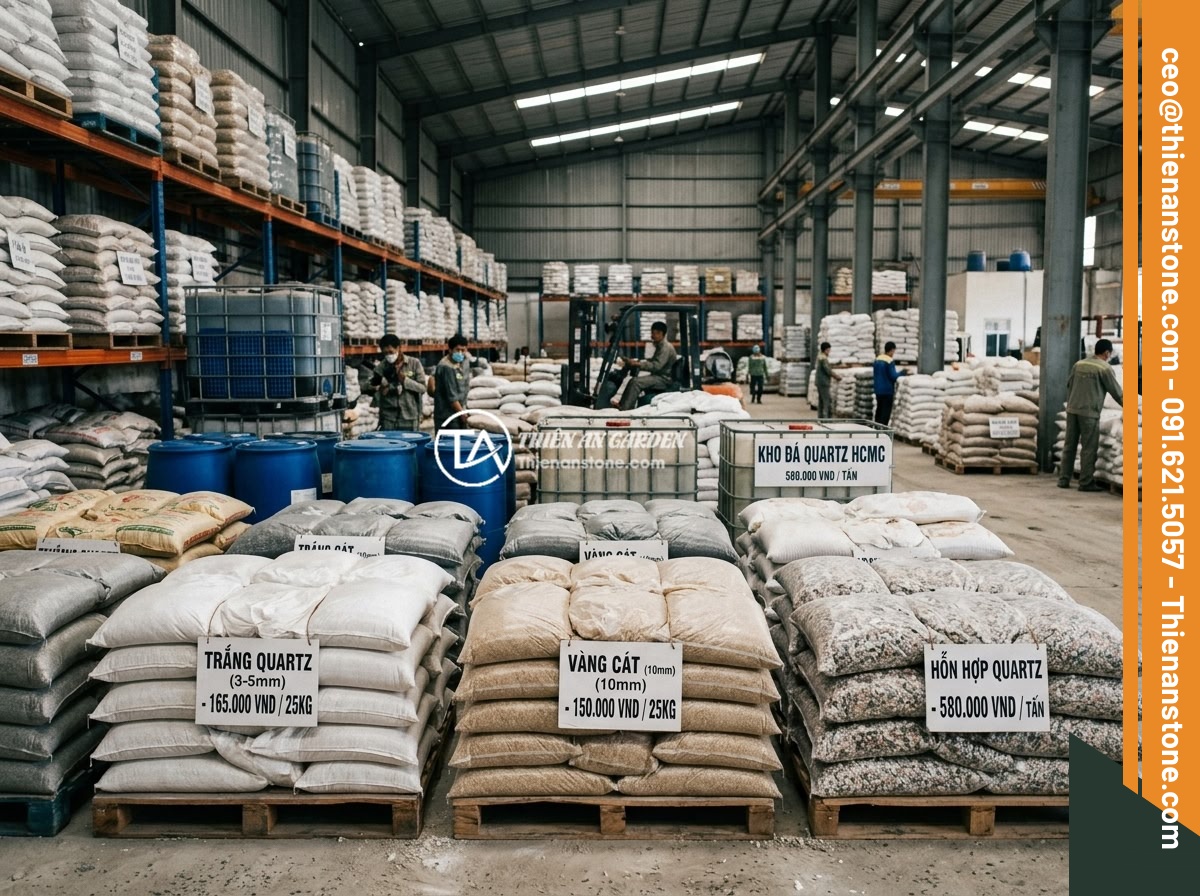 Bán Đá Thạch Anh Vụn TP.HCM - Nguồn Cung Cấp Chất Lượng Cao Giá Cạnh Tranh - A wholesale warehouse in Ho Chi Minh City displaying large bags and containers o