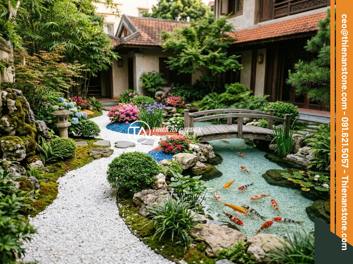 Bán Đá Thạch Anh Vụn TP.HCM - Nguồn Cung Cấp Chất Lượng Cao Giá Cạnh Tranh - A beautifully designed Japanese-style garden in a Vietnamese villa featuring cru