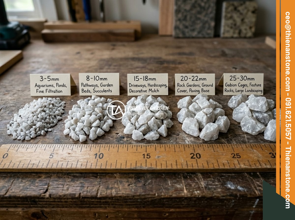 Bán Đá Thạch Anh Vụn TP.HCM - Nguồn Cung Cấp Chất Lượng Cao Giá Cạnh Tranh - Side-by-side comparison of different sizes of crushed quartz stones from 3mm to 