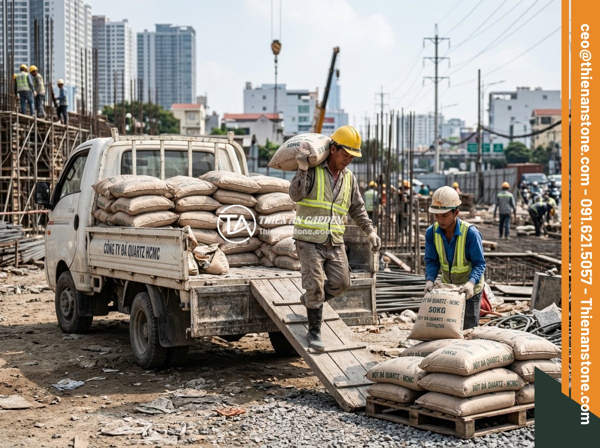 Bán Đá Thạch Anh Vụn TP.HCM - Nguồn Cung Cấp Chất Lượng Cao Giá Cạnh Tranh - Delivery truck of a stone supply company unloading bags of crushed quartz stones