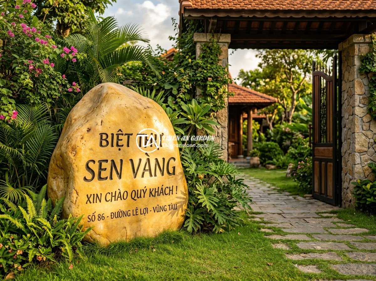 Bảng hiệu đá cuội vàng - Hình 1 Bảng hiệu đá cuội vàng - A large natural yellow pebble stone signboard with hand-carved Vietnamese text p
