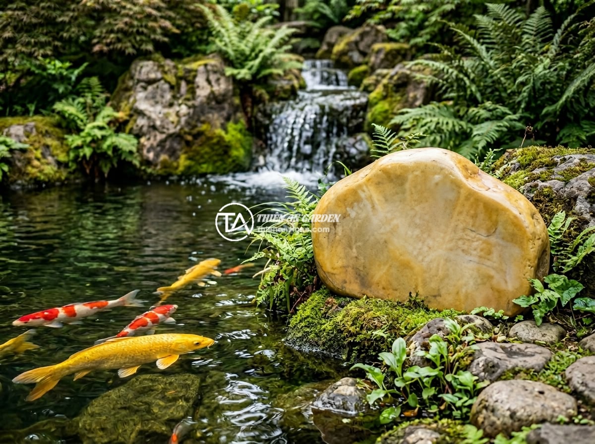 Bảng hiệu đá cuội vàng - Hình 10 Bảng hiệu đá cuội vàng - Yellow pebble stone signboard with elegant carved text positioned at the edge of