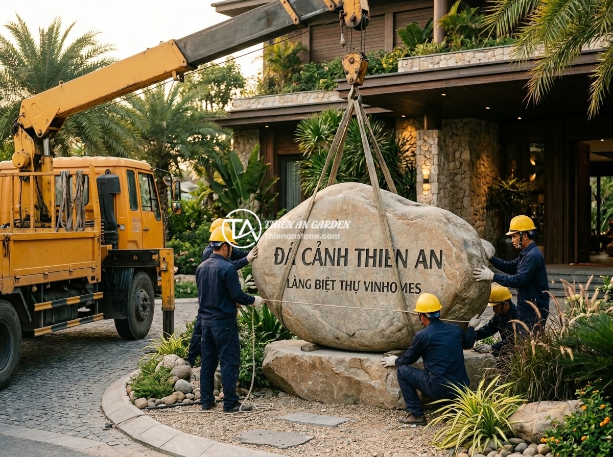 Bảng hiệu đá cuội vàng - Hình 13 Bảng hiệu đá cuội vàng - Professional team from Da Canh Thien An carefully installing a large yellow pebb