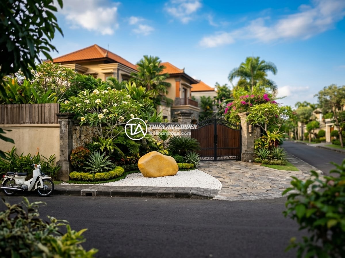 Bảng hiệu đá cuội vàng - Hình 2 Bảng hiệu đá cuội vàng - Wide angle view of a luxury villa entrance from across the street, showing a gol