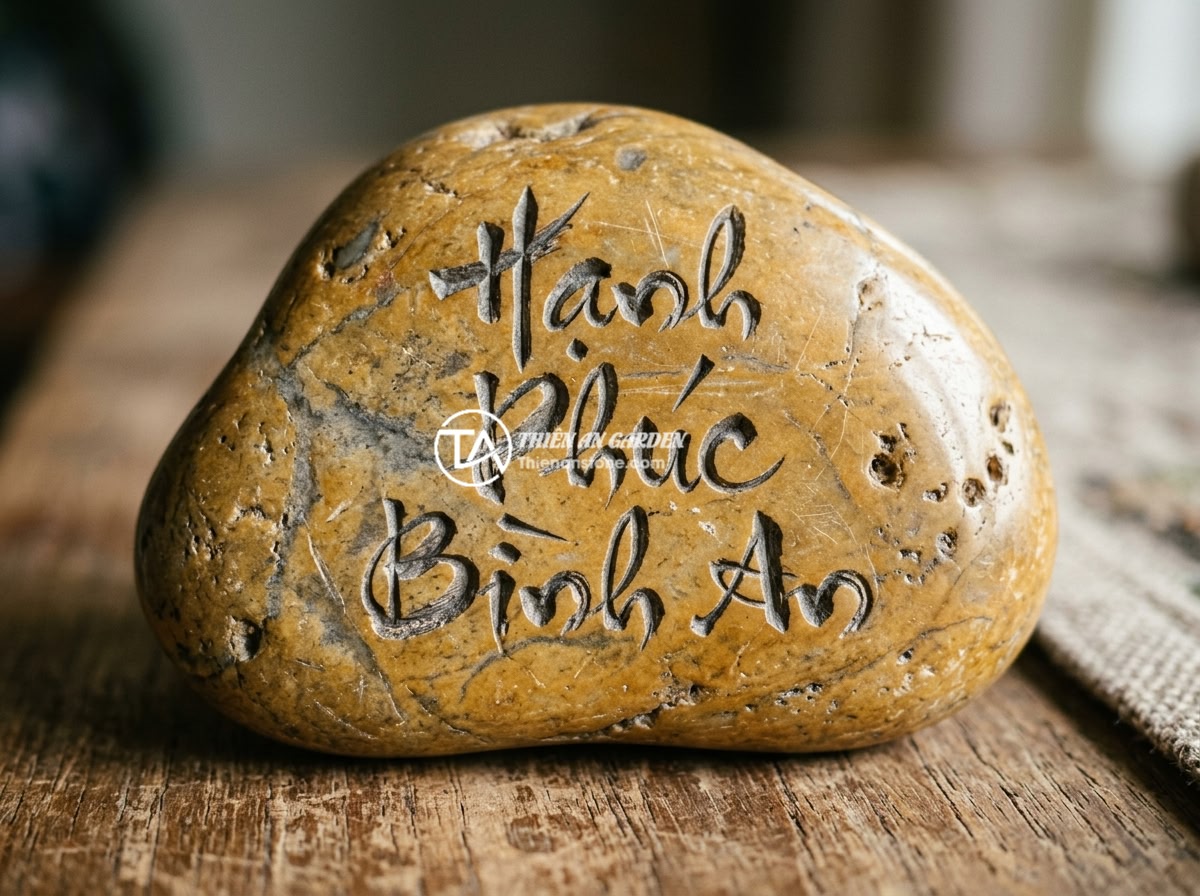 Bảng hiệu đá cuội vàng - Hình 3 Bảng hiệu đá cuội vàng - Close-up detailed shot of hand-carved Vietnamese calligraphy text on polished ye