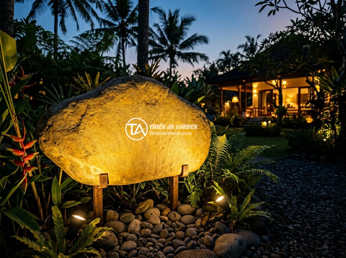 Bảng hiệu đá cuội vàng - Hình 4 Bảng hiệu đá cuội vàng - Golden yellow pebble stone signboard illuminated by warm garden spotlights at du