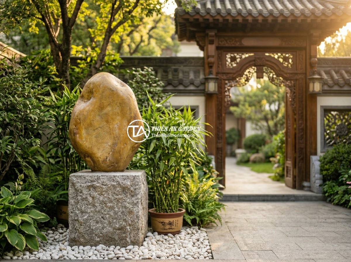 Bảng hiệu đá cuội vàng - Hình 7 Bảng hiệu đá cuội vàng - Feng shui arrangement of a yellow pebble stone signboard placed at the right sid