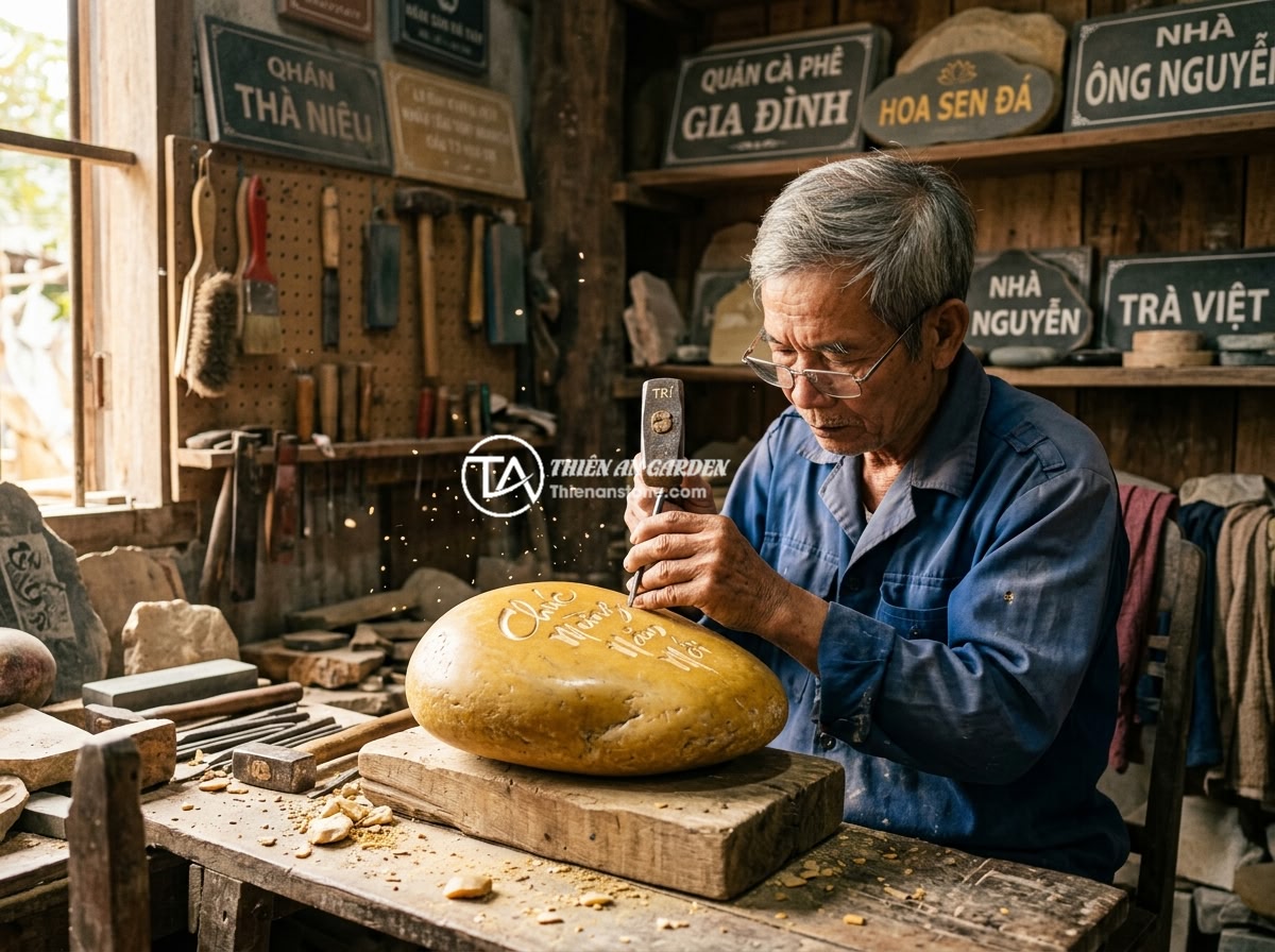 Bảng hiệu đá cuội vàng - Hình 8 Bảng hiệu đá cuội vàng - Master stone craftsman carefully carving elegant Vietnamese text onto a large ye
