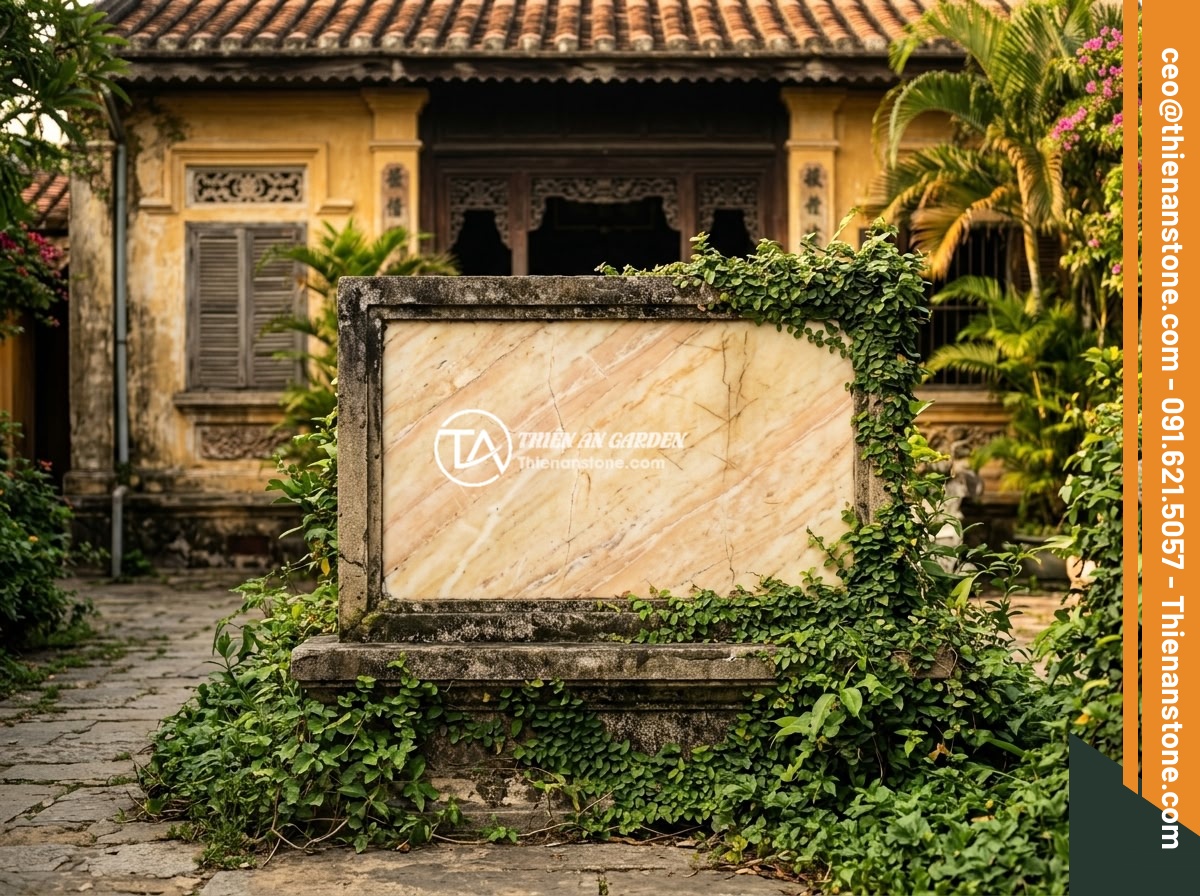 Bảng hiệu đá vàng cẩm thạch - Hình 11 Bảng hiệu đá vàng cẩm thạch - An aged yellow jade marble signboard at a heritage Vietnamese mansion, showing b