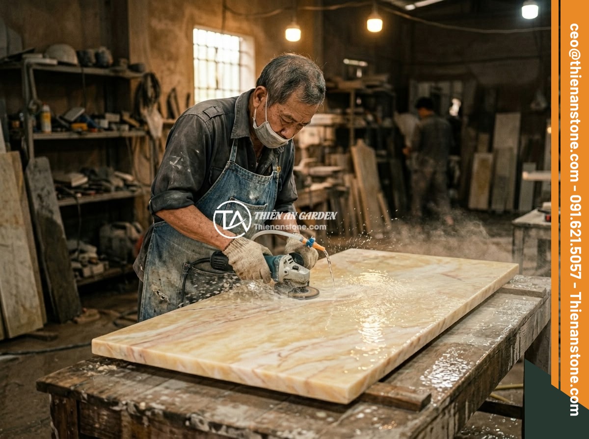 Bảng hiệu đá vàng cẩm thạch - Hình 3 Bảng hiệu đá vàng cẩm thạch - Craftsman hand-polishing a yellow jade marble signboard surface in a stone works