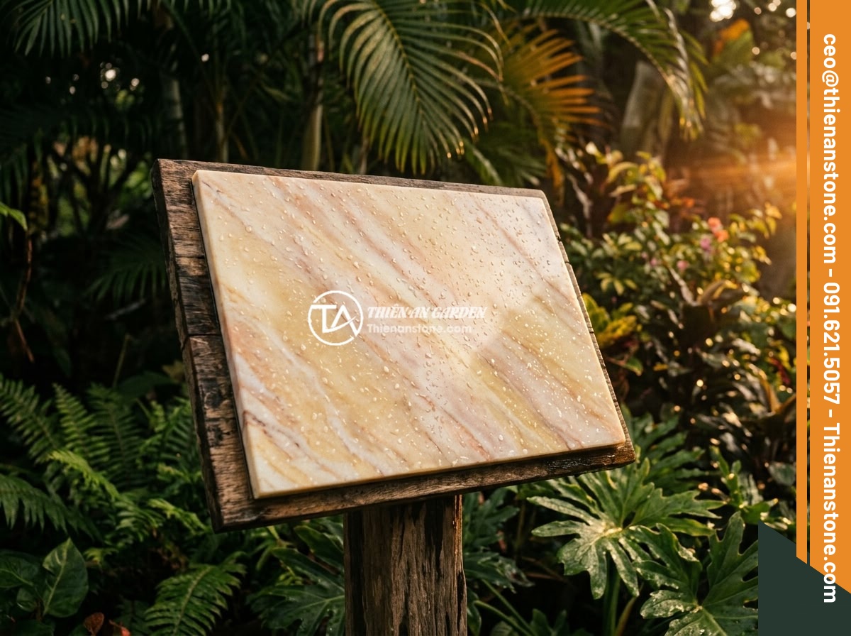 Bảng hiệu đá vàng cẩm thạch - Hình 4 Bảng hiệu đá vàng cẩm thạch - A yellow jade marble signboard photographed during golden hour sunset, warm ligh