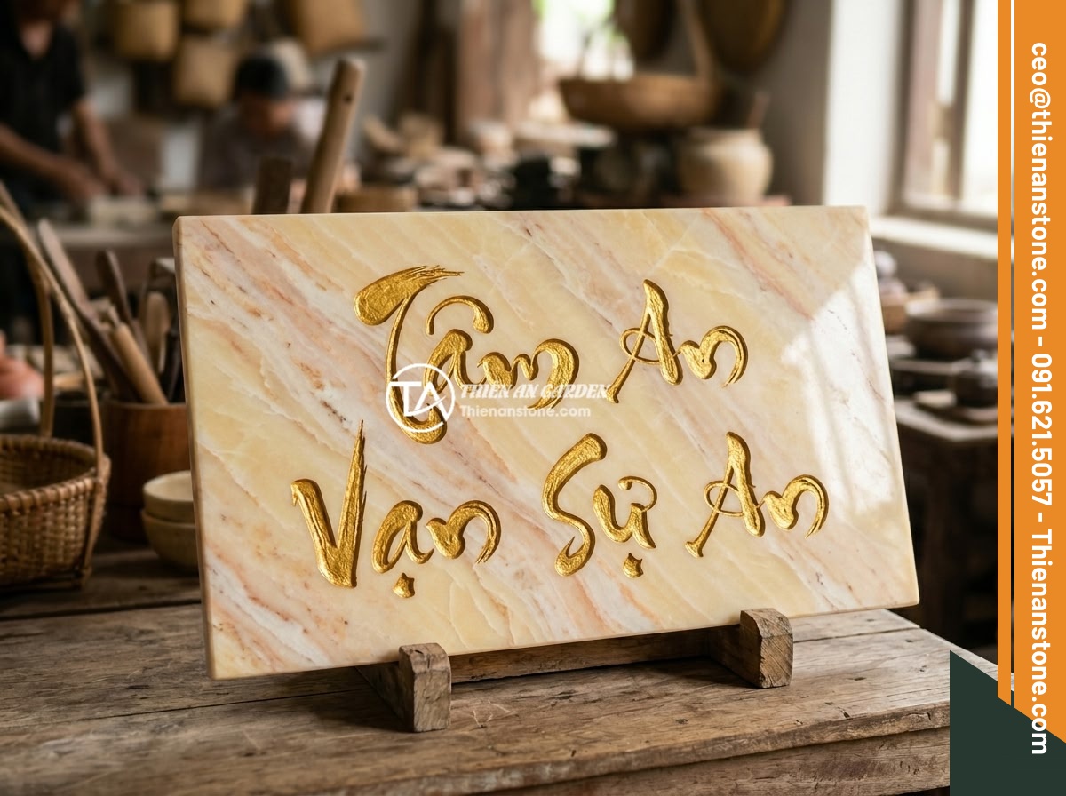 Bảng hiệu đá vàng cẩm thạch - Hình 5 Bảng hiệu đá vàng cẩm thạch - Detailed shot of gold-painted carved Vietnamese calligraphy letters on a yellow