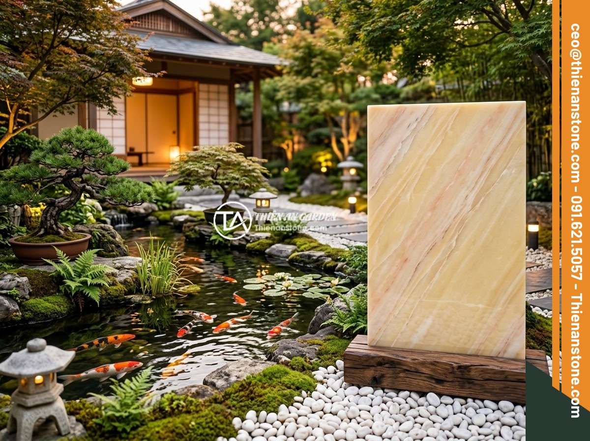 Bảng hiệu đá vàng cẩm thạch - Hình 6 Bảng hiệu đá vàng cẩm thạch - A yellow jade marble signboard elegantly placed beside a Japanese Koi fish pond