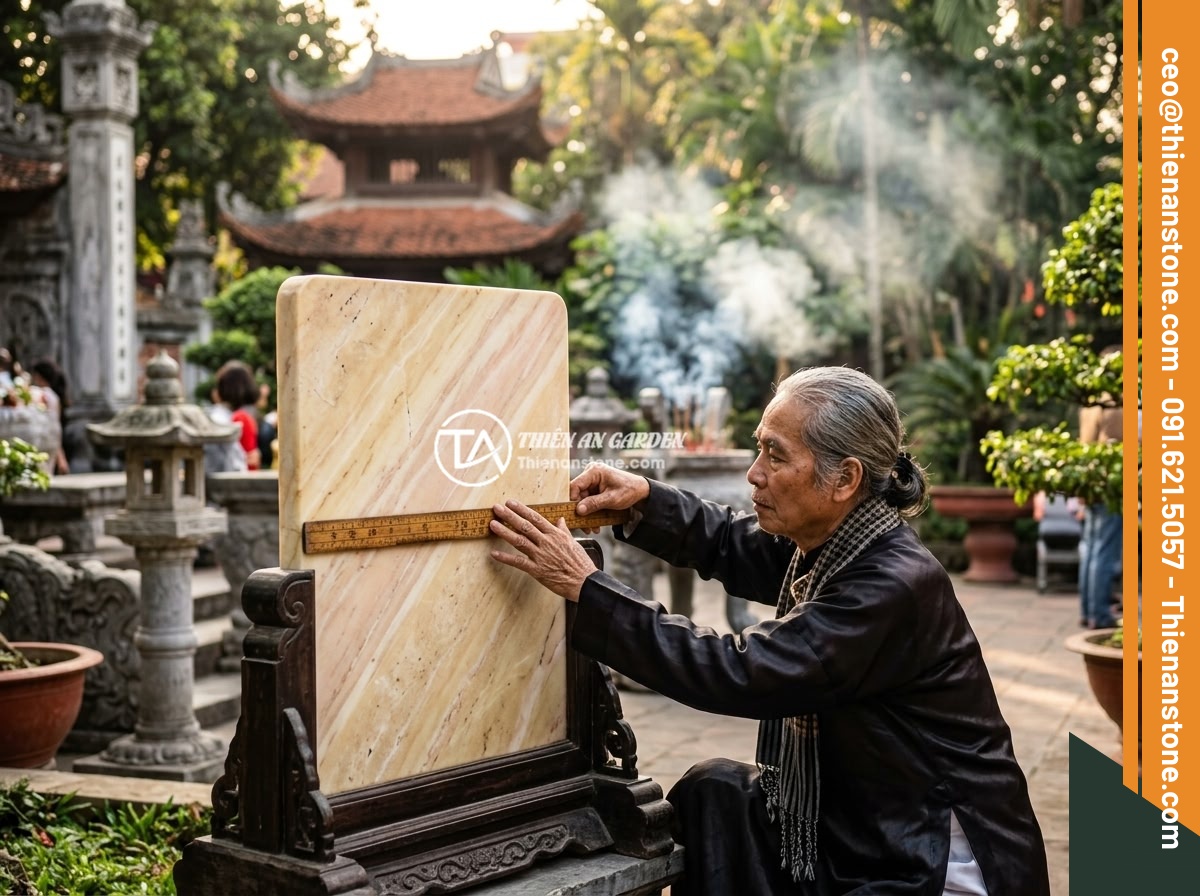 Bảng hiệu đá vàng cẩm thạch - Hình 7 Bảng hiệu đá vàng cẩm thạch - A feng shui master examining a yellow jade marble signboard with a traditional L