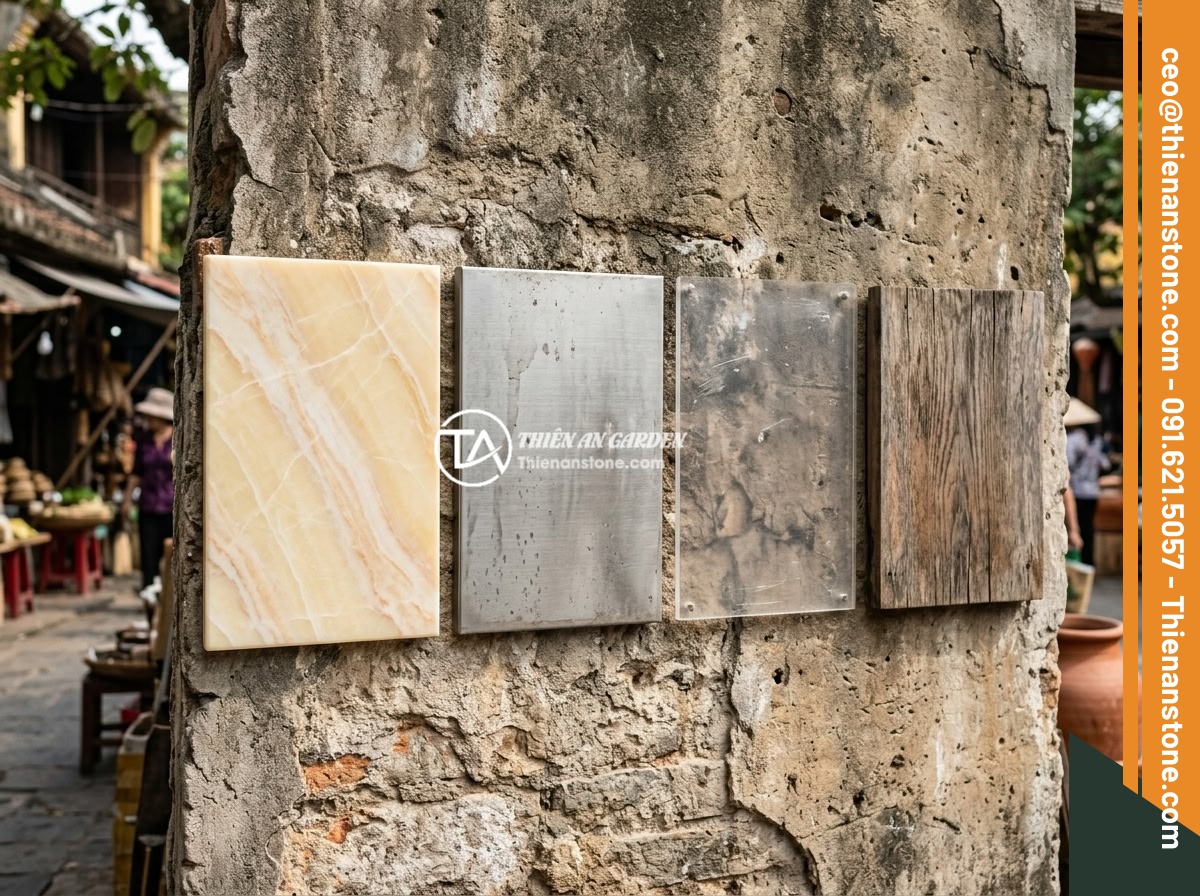 Bảng hiệu đá vàng cẩm thạch - Hình 8 Bảng hiệu đá vàng cẩm thạch - Side by side comparison of different signboard materials - yellow jade marble, s