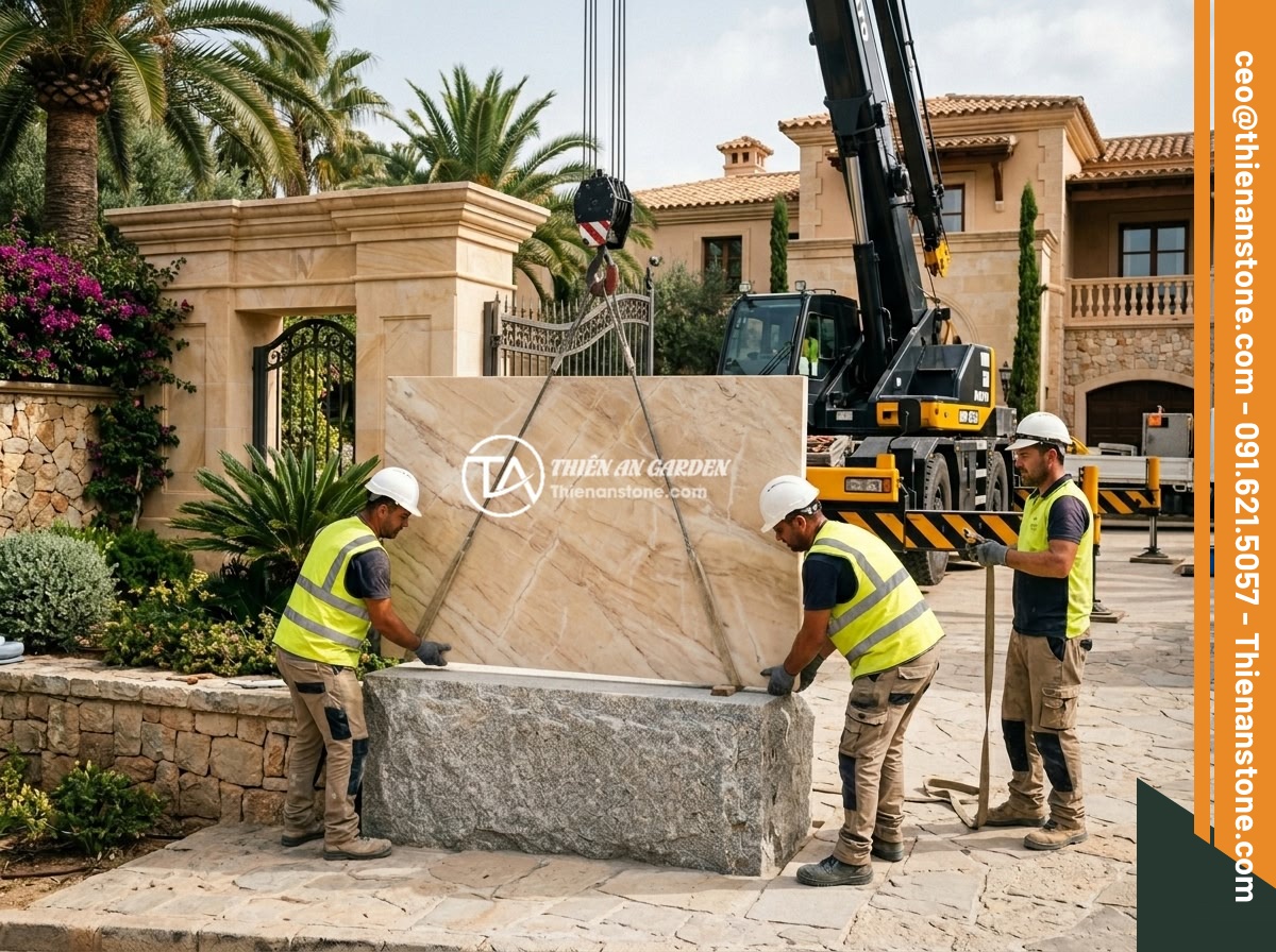 Bảng hiệu đá vàng cẩm thạch - Hình 9 Bảng hiệu đá vàng cẩm thạch - Installation team carefully placing a large yellow jade marble signboard onto a