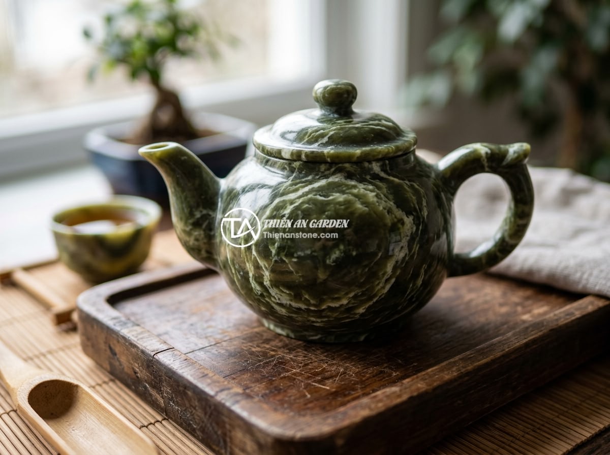 Bộ ấm chén đá Serpentine - Close-up view of a Serpentine stone teapot showing intricate green and white ser