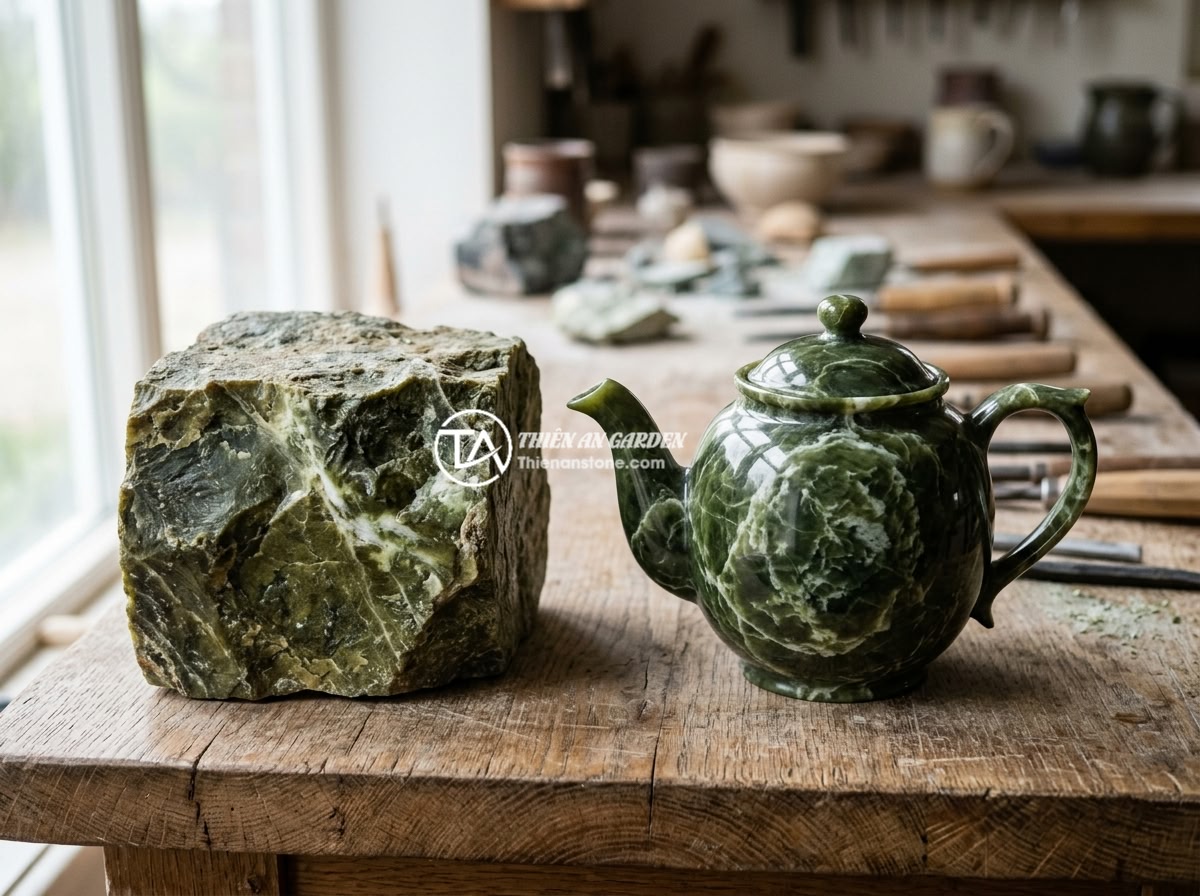 Bộ ấm chén đá Serpentine - Hình 2 Bộ ấm chén đá Serpentine - Raw Serpentine stone block with visible green veining next to a finished carved