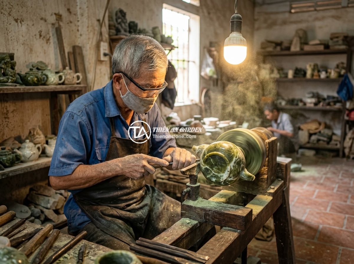 Bộ ấm chén đá Serpentine - Hình 3 Bộ ấm chén đá Serpentine - Master craftsman carefully carving a Serpentine stone teapot on a stone lathe, f