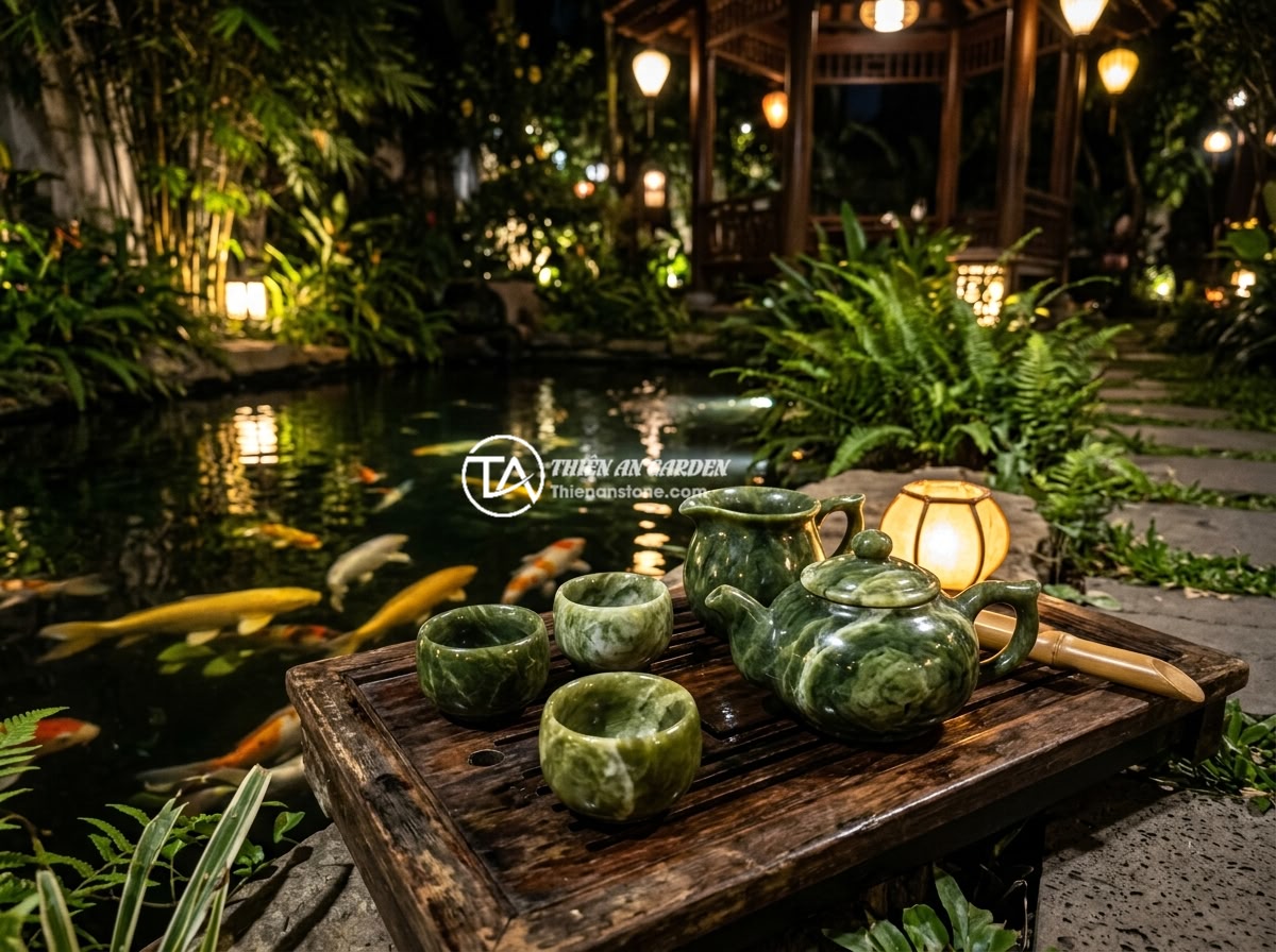 Bộ ấm chén đá Serpentine - Hình 5 Bộ ấm chén đá Serpentine - Serpentine stone tea set placed beside a Koi fish pond at night, warm garden LED