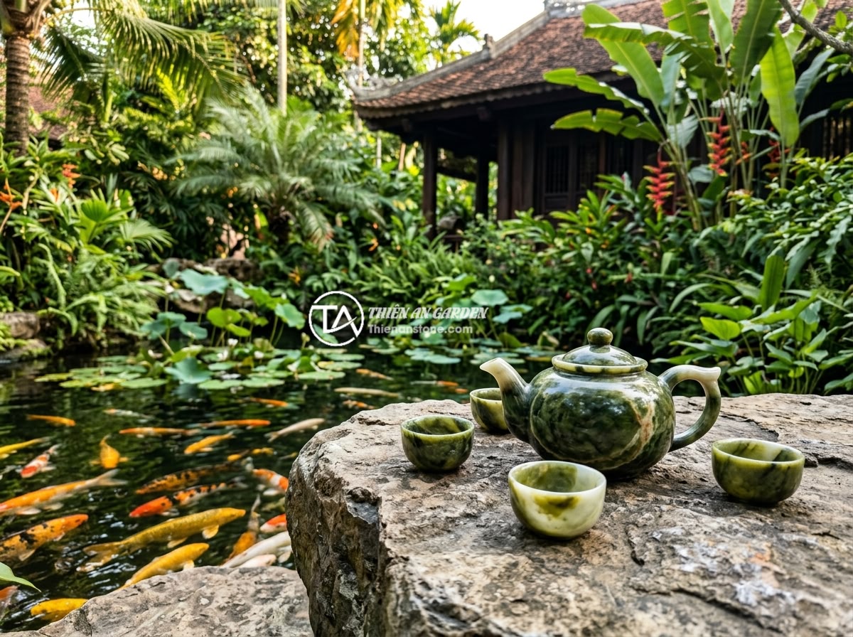 Bộ ấm chén đá Serpentine - Hình 7 Bộ ấm chén đá Serpentine - Serpentine stone tea set placed on a natural stone table beside a beautiful Koi