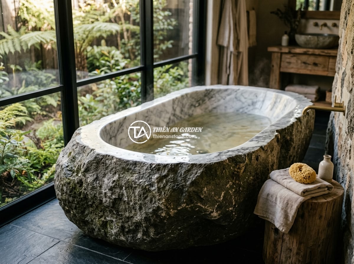 Bồn tắm đá cuội - A massive natural river stone bathtub in a luxury bathroom, showing the raw exte