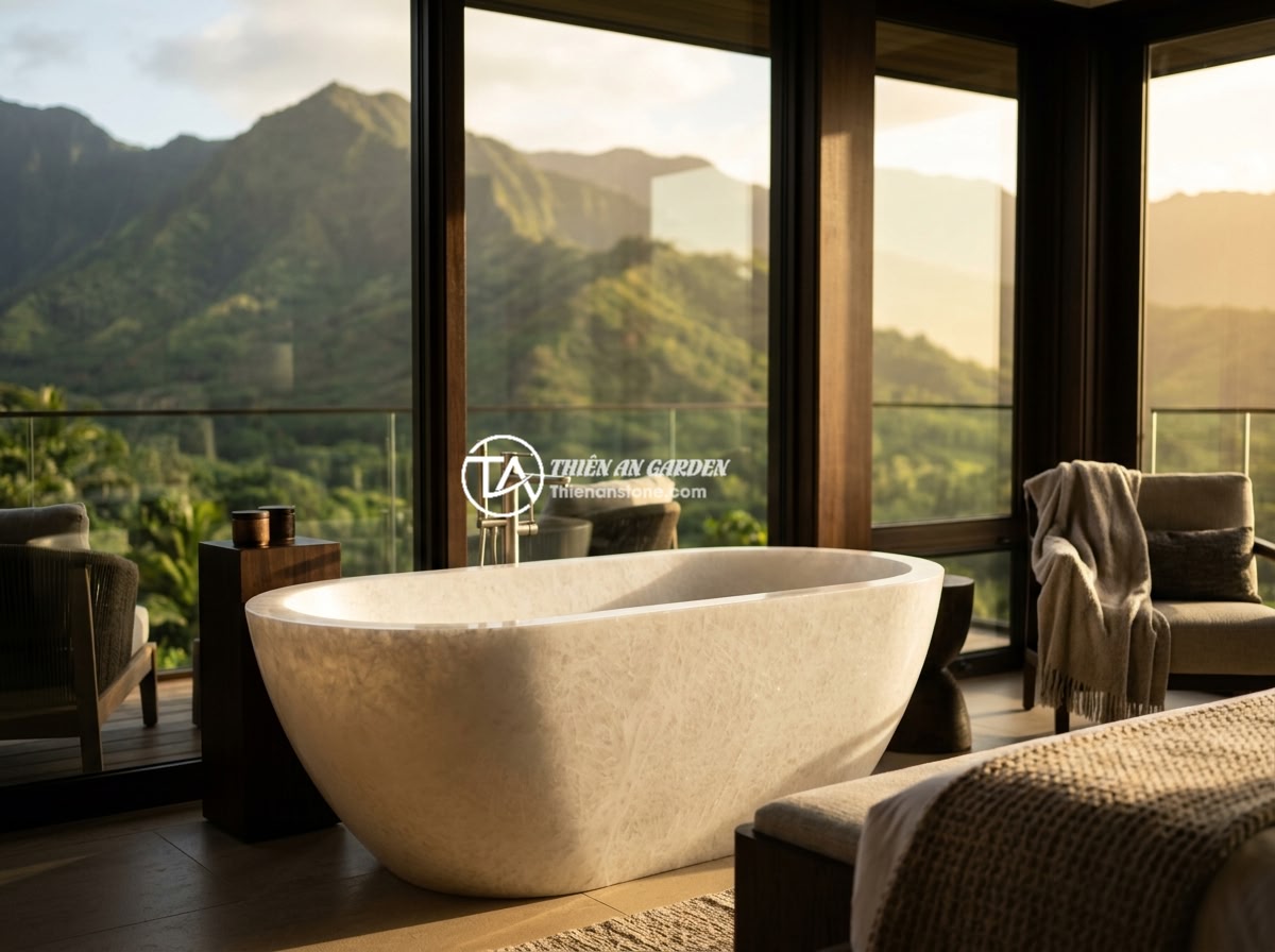 Bồn tắm đá granite - Hình 10 Bồn tắm đá granite - A luxurious resort suite featuring a large granite bathtub as the centerpiece, v