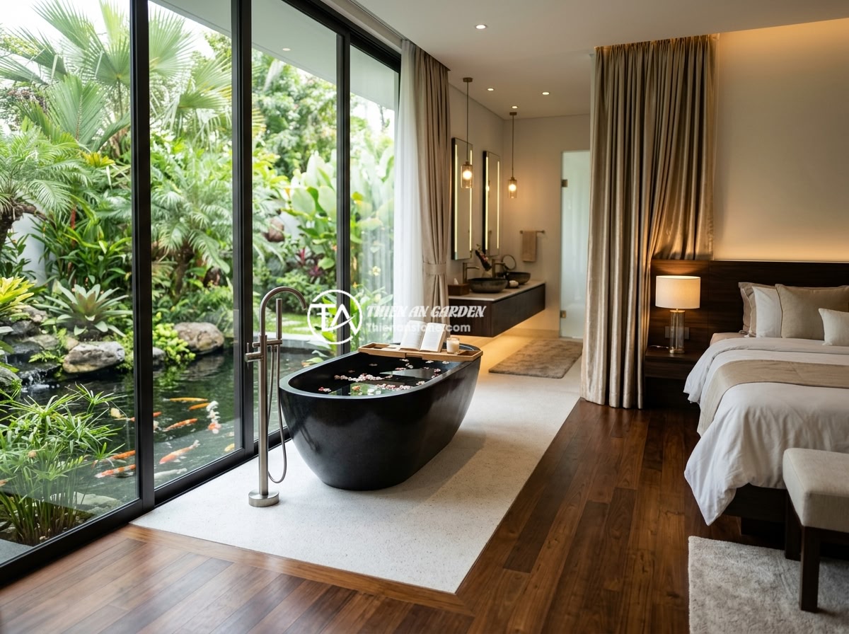 Bồn tắm đá granite - Hình 4 Bồn tắm đá granite - A black granite freestanding bathtub placed in a luxury villa master bedroom wit