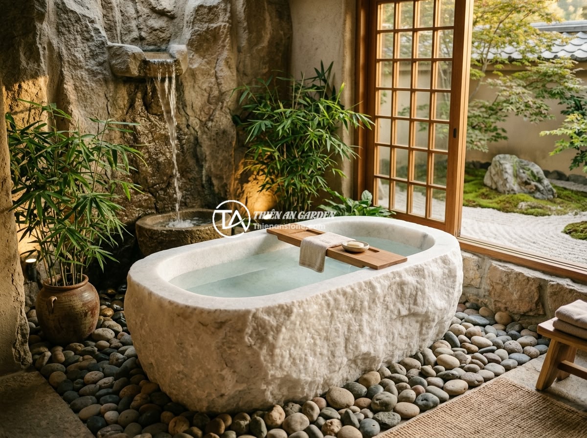 Bồn tắm đá granite - Hình 6 Bồn tắm đá granite - A feng shui inspired bathroom scene with a granite bathtub surrounded by natural