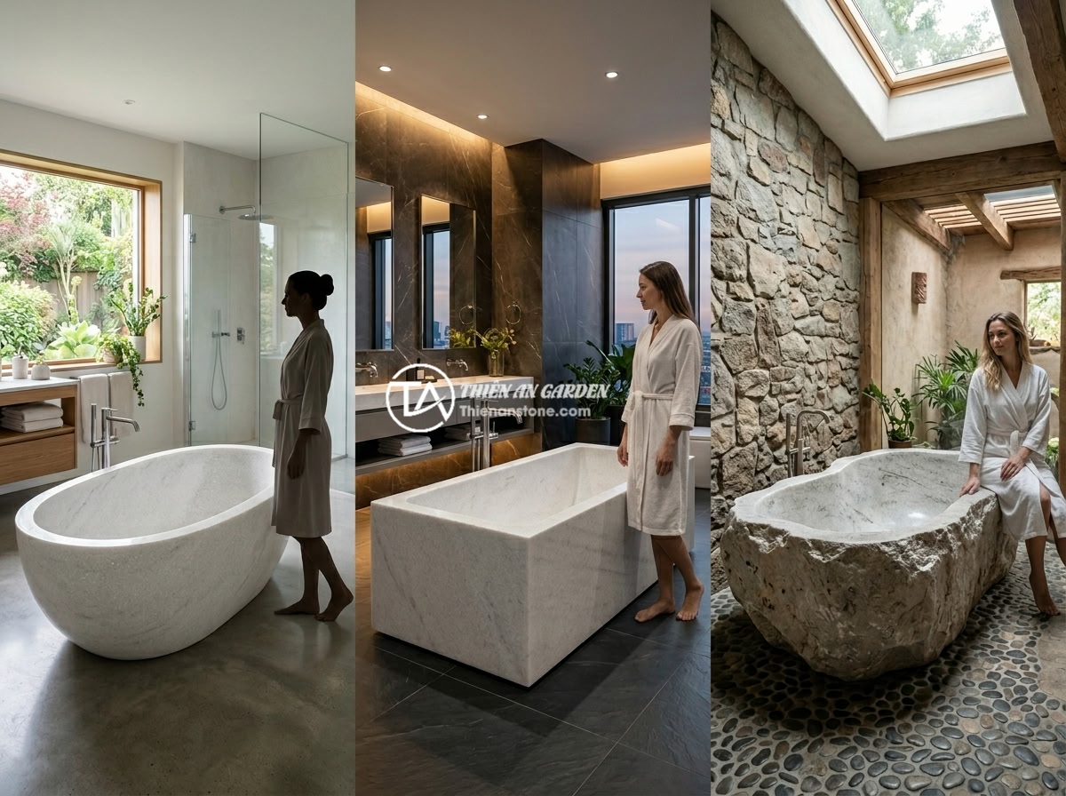 Bồn tắm đá granite - Hình 7 Bồn tắm đá granite - Three granite bathtub designs side by side - oval shaped, rectangular modern, an