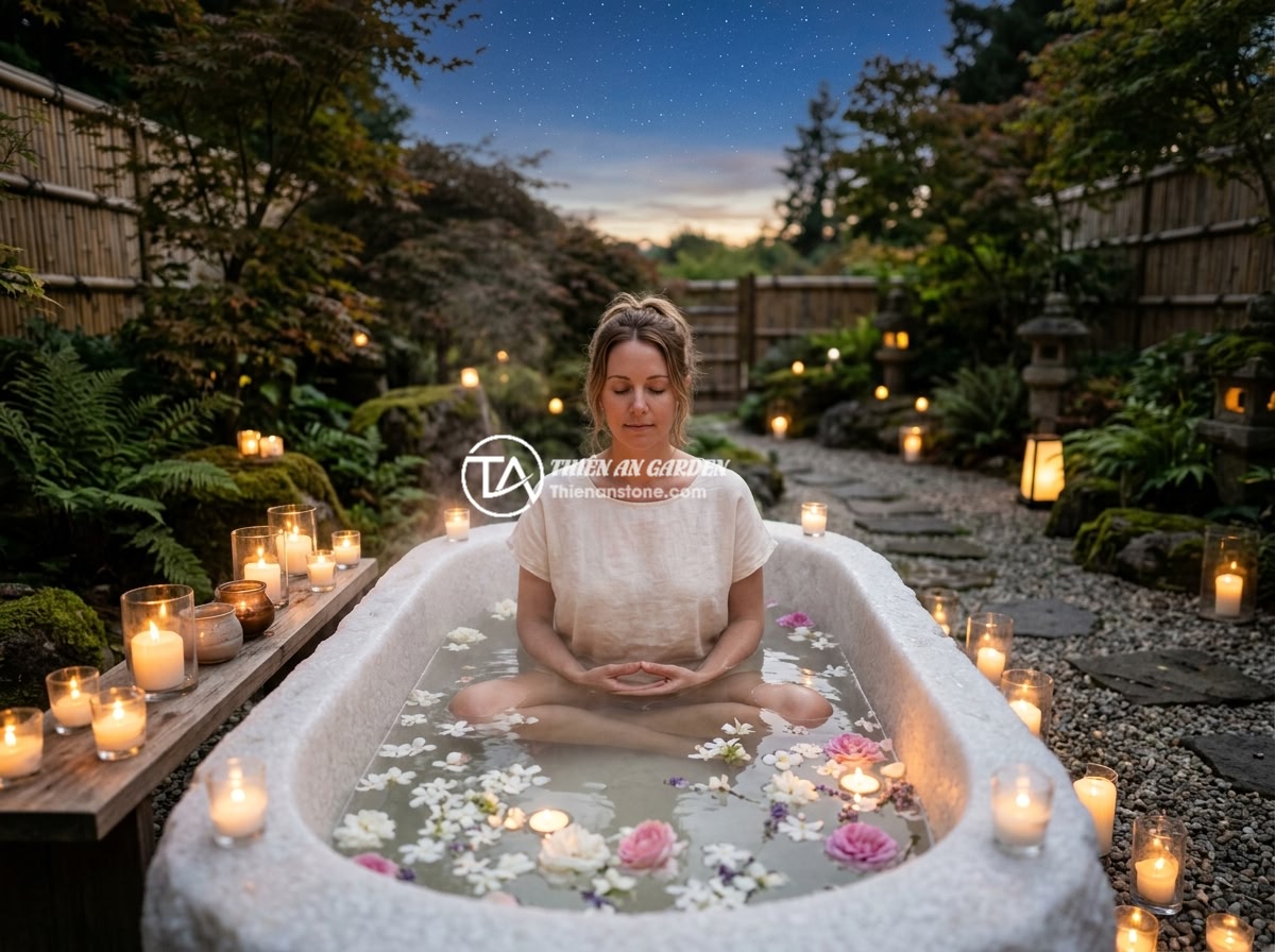 Bồn tắm đá granite - Hình 9 Bồn tắm đá granite - A woman peacefully meditating in a granite stone bathtub surrounded by candles a