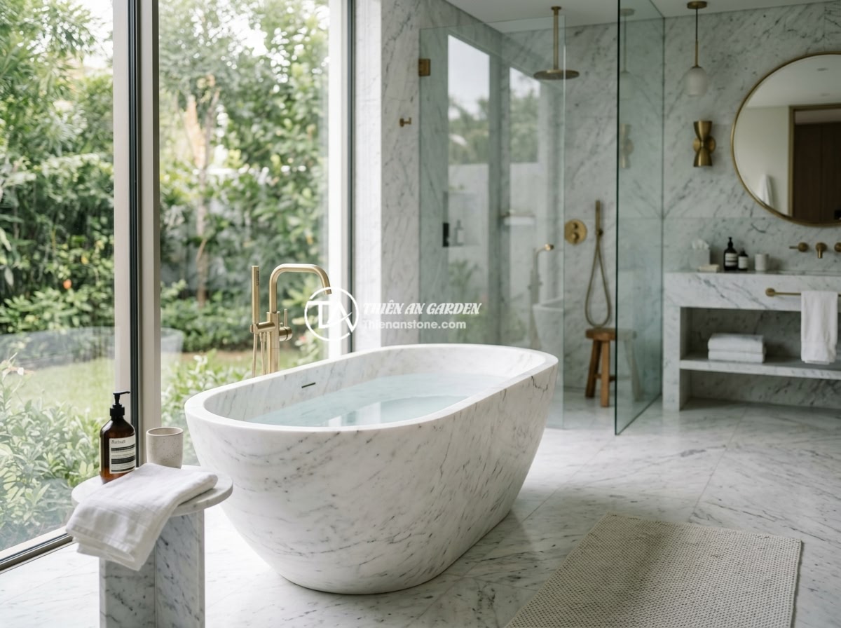 Bồn tắm đá trắng muối cẩm thạch - Hình 10 Bồn tắm đá trắng muối cẩm thạch - Elegant white salt marble bathtub in a completed luxury villa master bathroom, s