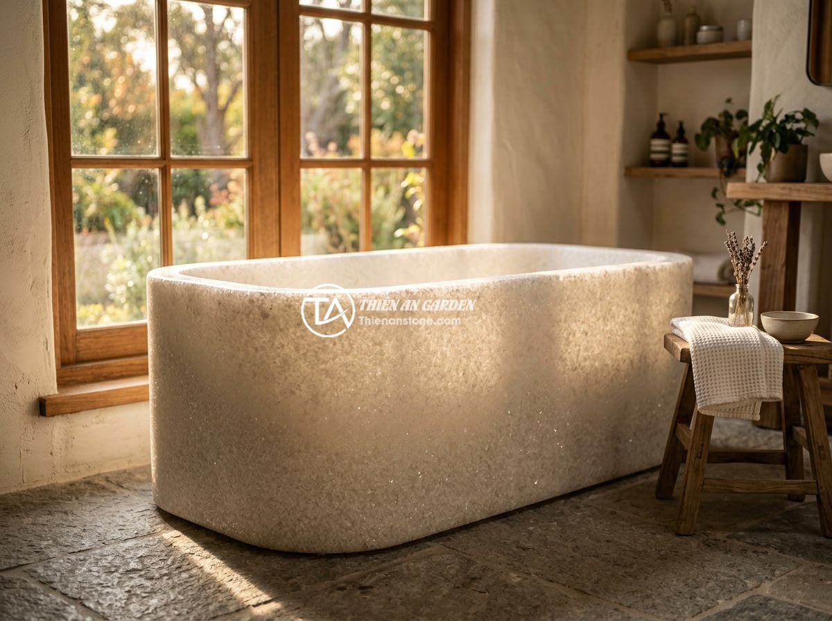 Bồn tắm đá trắng muối cẩm thạch - Hình 3 Bồn tắm đá trắng muối cẩm thạch - White salt marble bathtub illuminated by warm golden sunlight streaming through