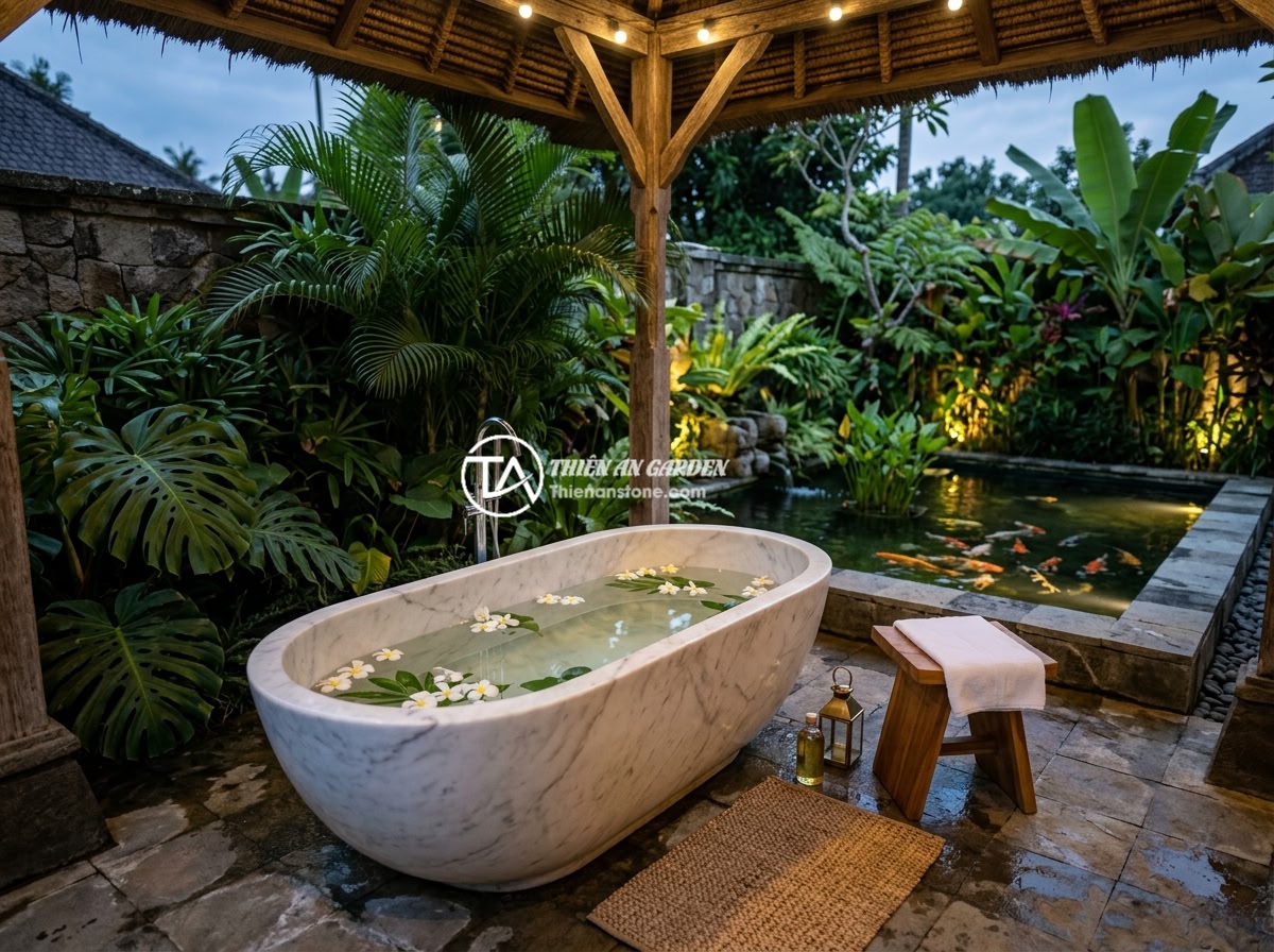 Bồn tắm đá trắng muối cẩm thạch - Hình 4 Bồn tắm đá trắng muối cẩm thạch - Freestanding white salt marble bathtub placed in an open-air tropical garden bat