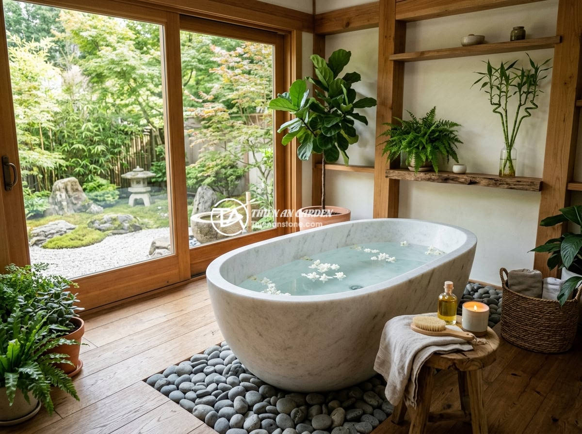 Bồn tắm đá trắng muối cẩm thạch - Hình 5 Bồn tắm đá trắng muối cẩm thạch - White salt marble bathtub in a feng shui designed bathroom with natural wood ele