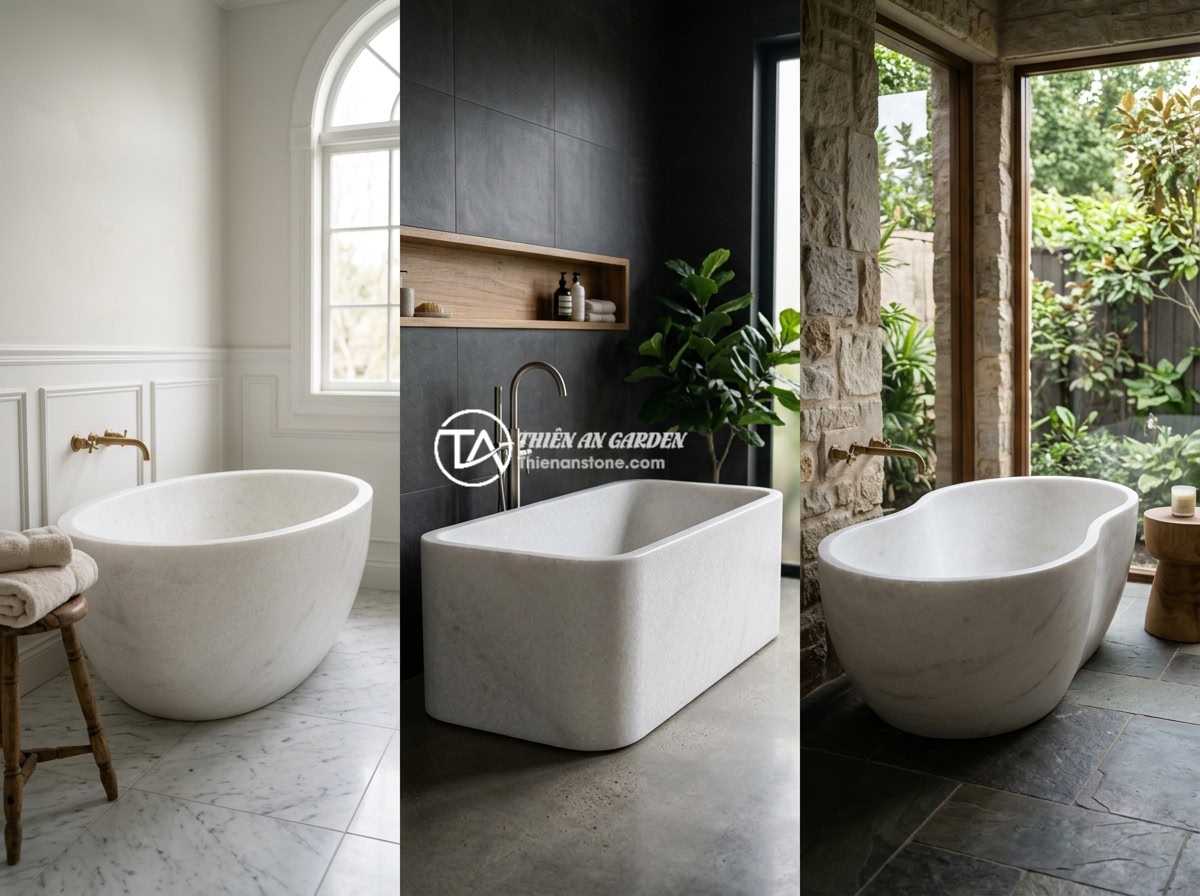 Bồn tắm đá trắng muối cẩm thạch - Hình 7 Bồn tắm đá trắng muối cẩm thạch - Three different styles of white salt marble bathtubs displayed side by side: ova