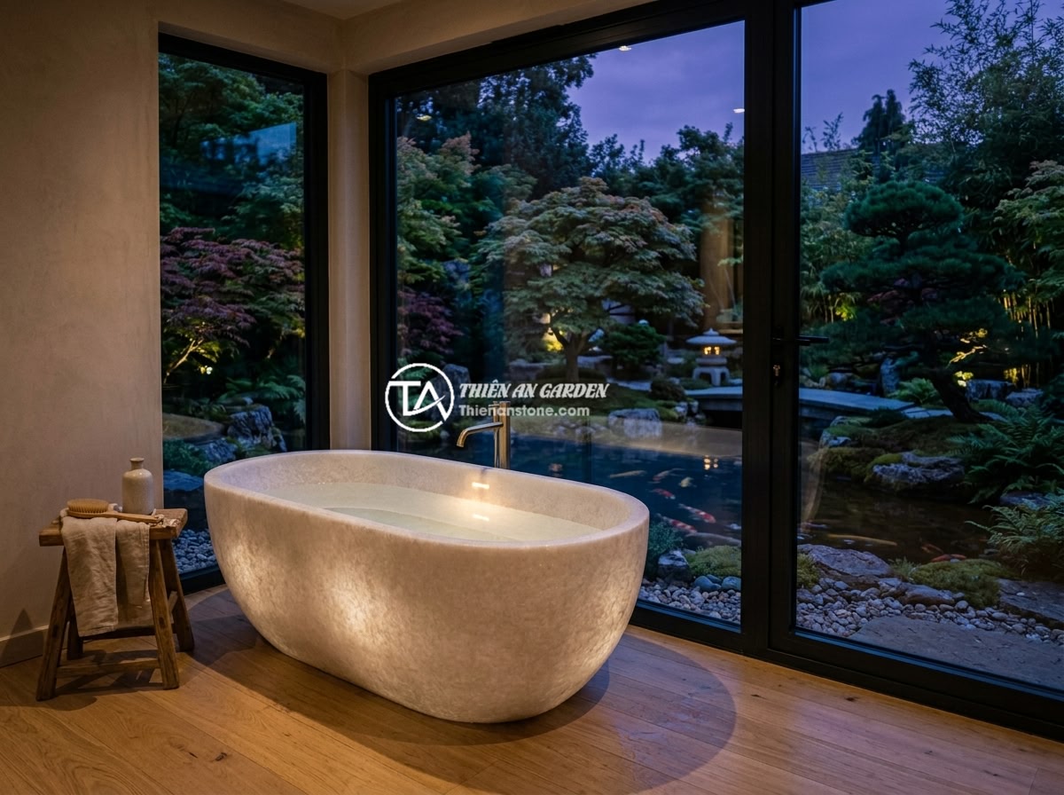 Bồn tắm đá trắng muối cẩm thạch - Hình 9 Bồn tắm đá trắng muối cẩm thạch - Luxury villa bathroom with white salt marble bathtub positioned near floor-to-ce