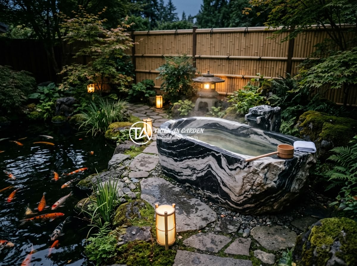 Bồn tắm đá trắng vân mây - Hình 10 Bồn tắm đá trắng vân mây - A white marble cloud-veined bathtub placed outdoors in a luxury Japanese-inspire