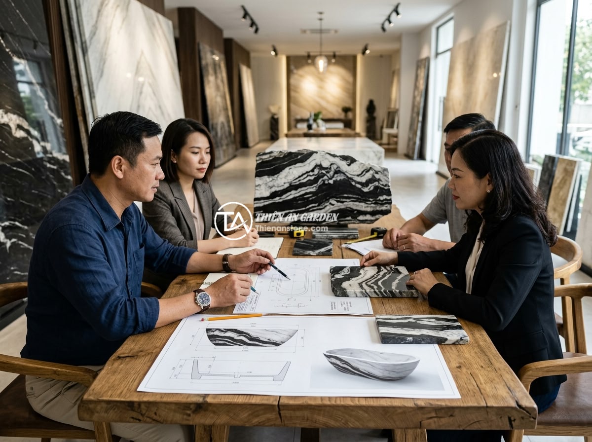 Bồn tắm đá trắng vân mây - Hình 11 Bồn tắm đá trắng vân mây - Professional consultation meeting between Đá Cảnh Thiên An team and a client rev