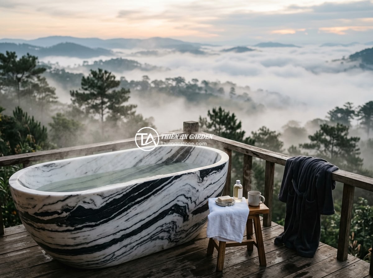 Bồn tắm đá trắng vân mây - Hình 12 Bồn tắm đá trắng vân mây - A peaceful morning scene of a white marble cloud-veined bathtub on an outdoor ba