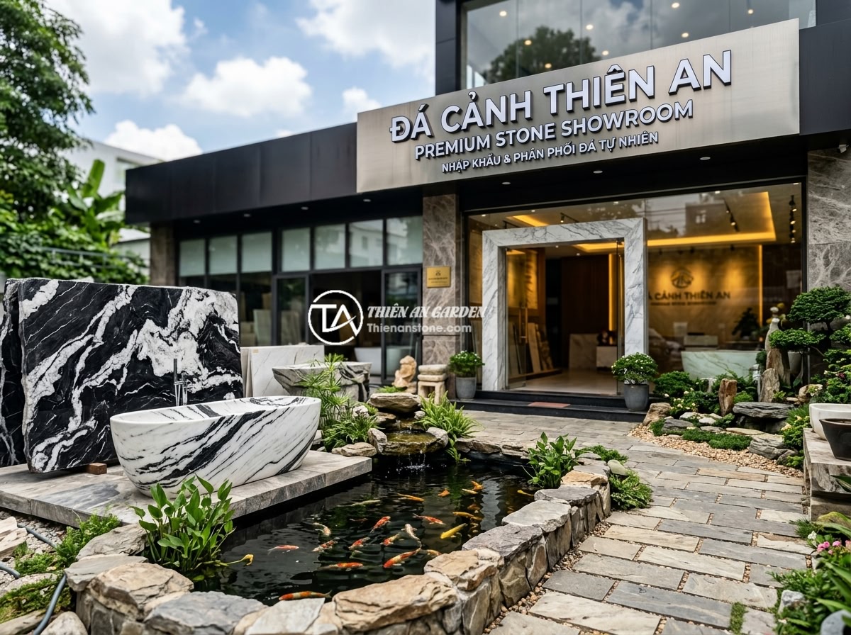 Bồn tắm đá trắng vân mây - Hình 13 Bồn tắm đá trắng vân mây - Đá Cảnh Thiên An showroom exterior with premium stone products displayed includi